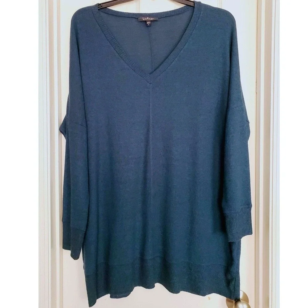 Lulus Teal Oversized Slouchy Tunic Sweater V-Neck Tunic Knit Cozy‎ Lightweight L